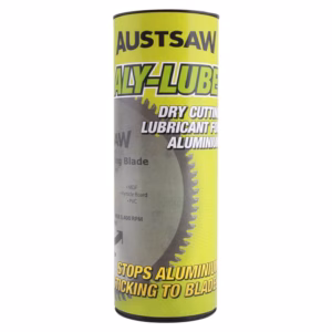 Tall yellow aerosol can labeled 'AUSTSAW' with 'DRY CUTTING LUBRICANT FOR ALUMINUM' and a circular saw blade graphic.