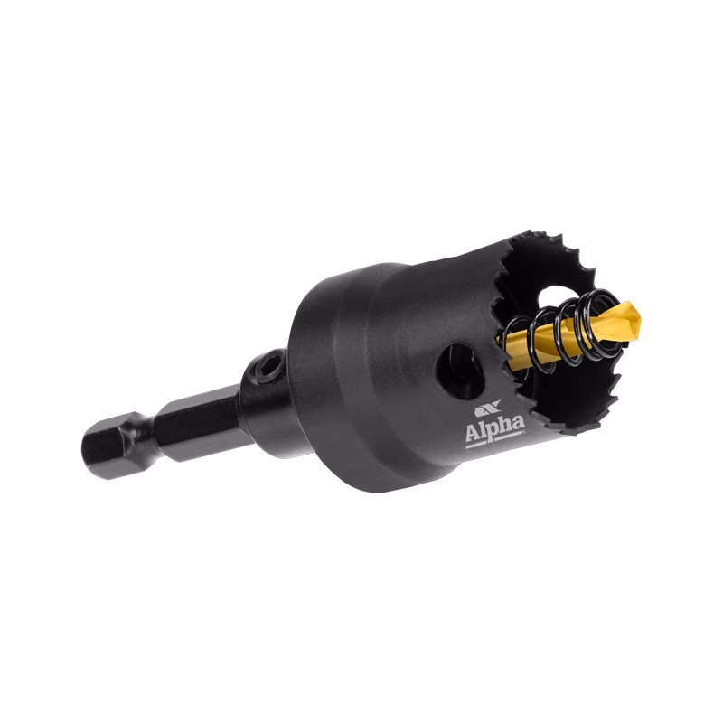 HSF20_03 - Alpha Tools Black metal drill accessory with a serrated circular cutting end and a gold insert, featuring an Alpha logo on the side