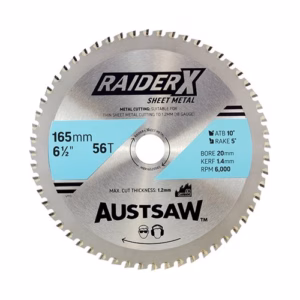Raider X sheet metal circular saw blade, 165 mm diameter, 56 teeth, ATB 10°, bore 20 mm, kerf 1.4 mm, 6000 RPM.