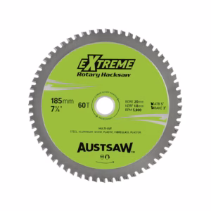 Green AustSaw Extreme circular saw blade with 185mm, 60T specs and 'Rotary Hacksaw' label; blade teeth around the edge.