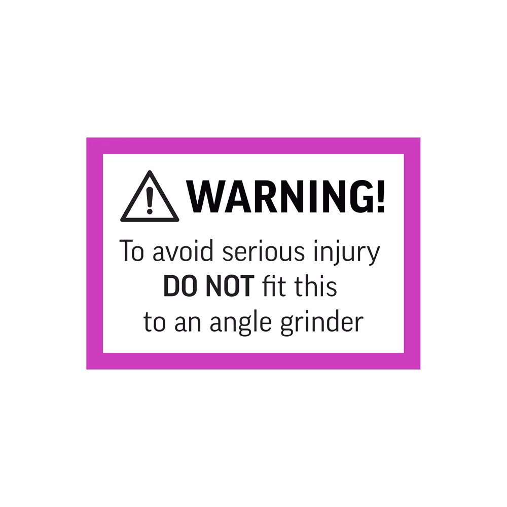 RHS2102540_03 - Alpha Tools Warning label with purple border: 'To avoid serious injury, DO NOT fit this to an angle grinder'.
