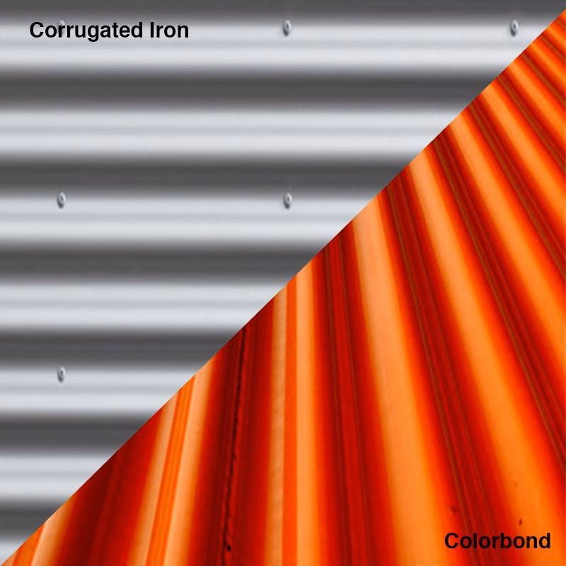 RHS2102540_04 - Alpha Tools Diagonal split image showing gray corrugated iron on the left and orange Colorbond metal sheeting on the right.