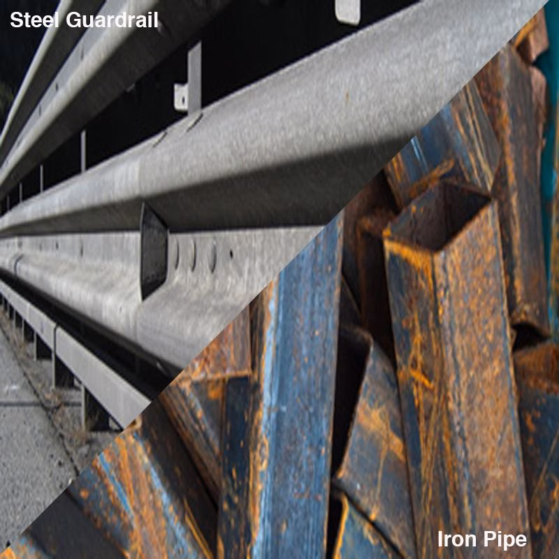 RHS2102540_05 - Alpha Tools Split image showing a steel guardrail on the left and rusty iron pipes on the right, highlighting two common construction metals.