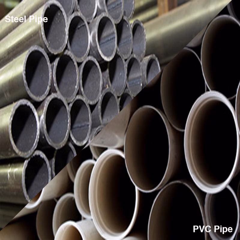 RHS2102540_06 - Alpha Tools Diagonal split image showing stacks of steel pipes on the left and PVC pipes on the right, indicating two pipe materials.