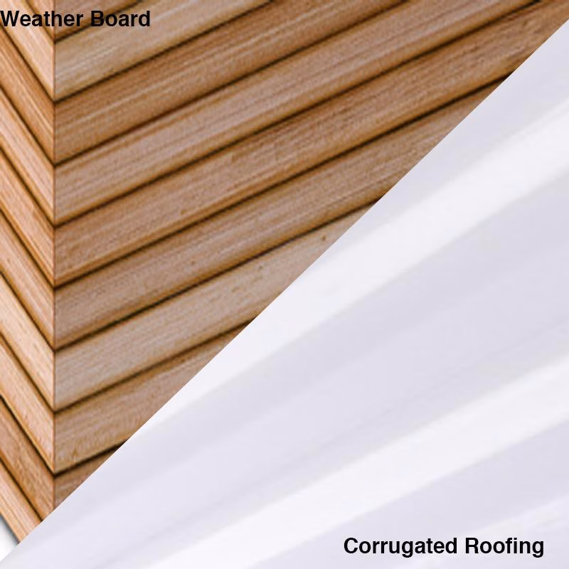 RHS2102540_07 - Alpha Tools Left shows stacked wooden Weather Board planks; right shows white corrugated roofing panels separated by a diagonal seam.