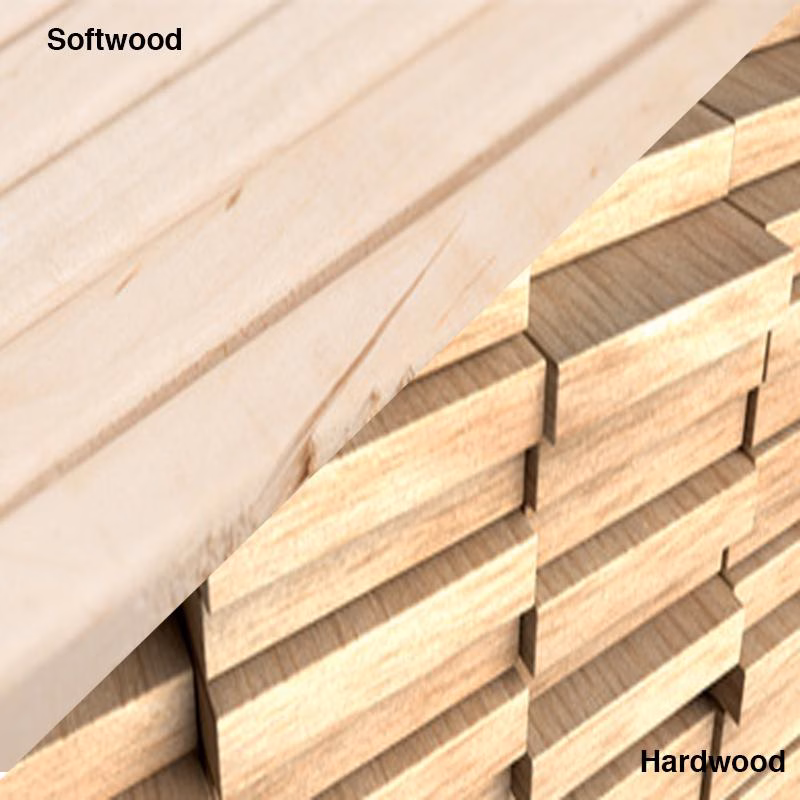 RHS2102540_08 - Alpha Tools Stacks of softwood and hardwood lumber arranged in overlapping boards in a warehouse setting.