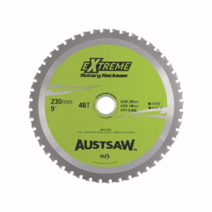 Circular hacksaw blade with lime-green label: 230mm (9'), 48T Austsaw Extreme Rotary Hacksaw graphic and hole in center