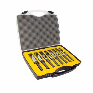 Set of drill bits in a yellow foam tray inside a black plastic carrying case with a handle.