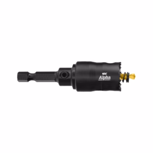 Alpha-branded black impact driver bit adapter with hex shank and gold drill bit at the tip