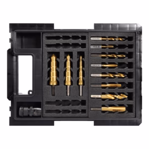 Drill bit set organized in a black case with multiple gold drill bits and cutting tools arranged in foam slots.