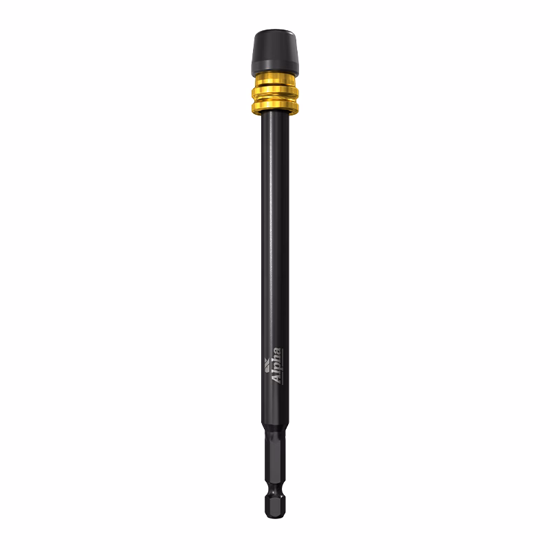 TS08-QREXTH150 - Alpha Tools Long black precision screwdriver or driver with a gold knurled collar near the top and a hex bit tip at the end (Alpha branding).