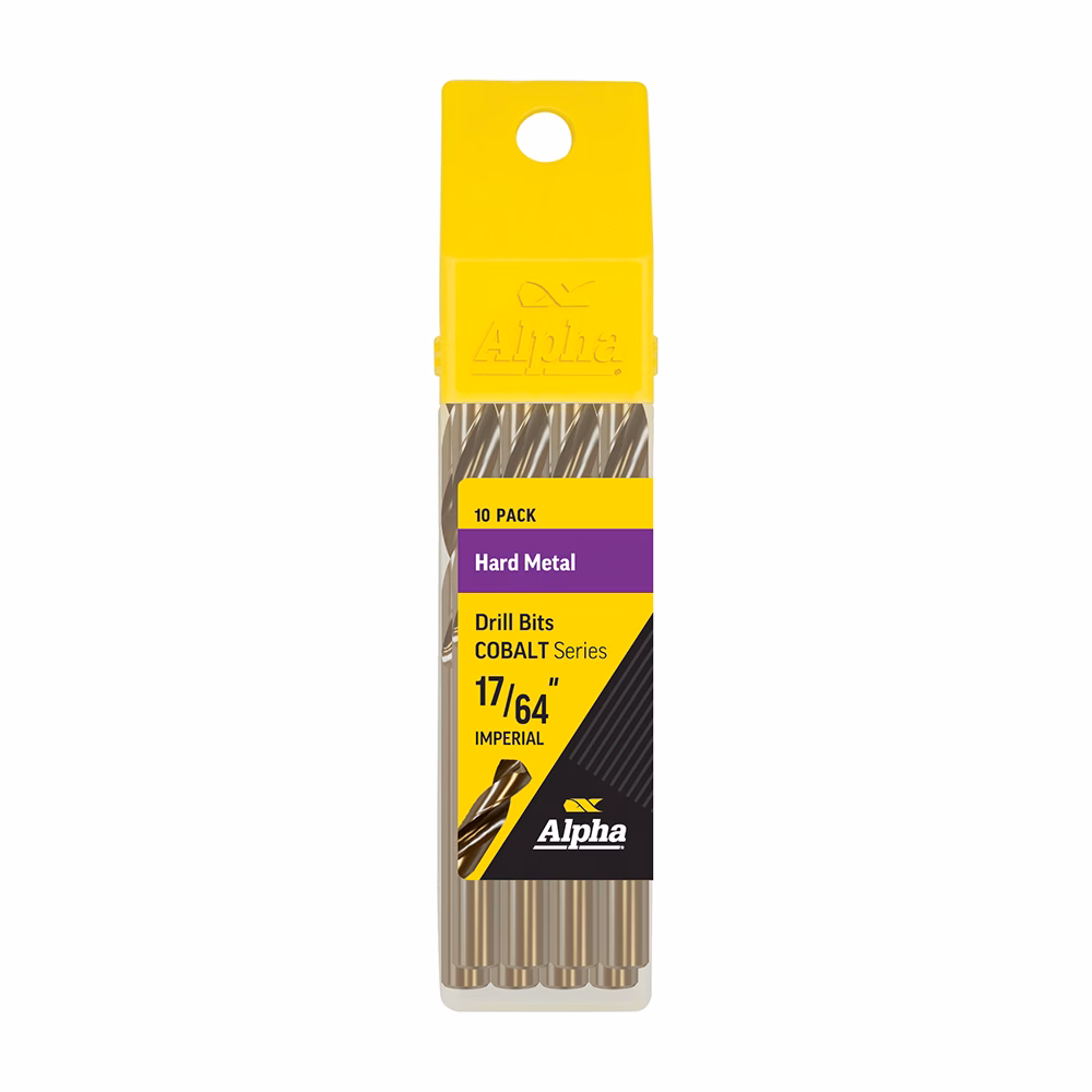9LI1764COB_2 - Alpha Tools Ten-pack Alpha cobalt drill bits (17/64 in) in yellow-cap case, hard metal set