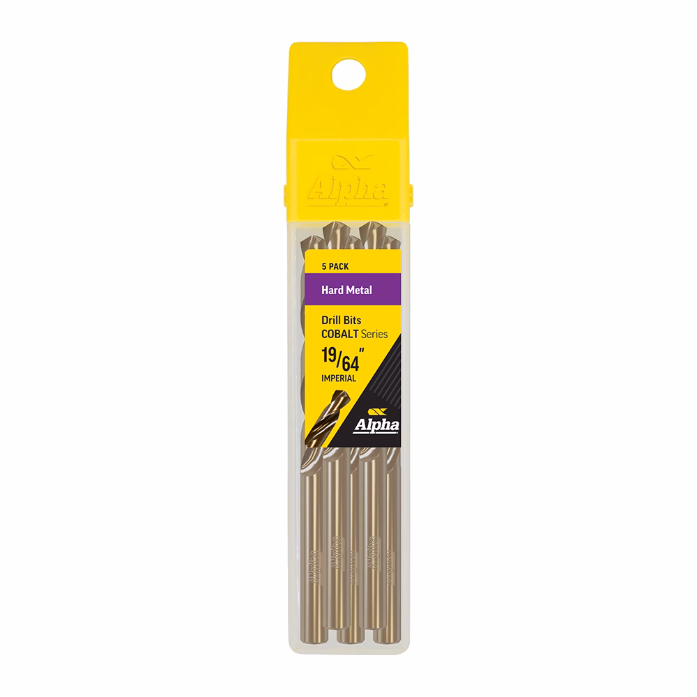 9LI1964COB_2 - Alpha Tools Five-pack of Alpha cobalt hard metal drill bits in a yellow-plastic case; packaging shows 5 PACK, Hard Metal, 19/64" imperial sizing.
