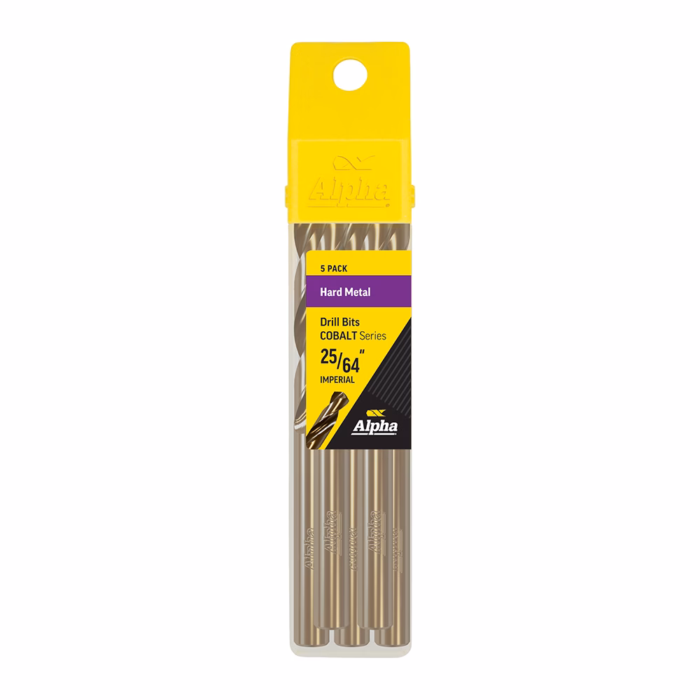 9LI2564COB_2 - Alpha Tools Five-pack cobalt drill bits (25/64 in, imperial) from Alpha Hard Metal, in yellow/black packaging