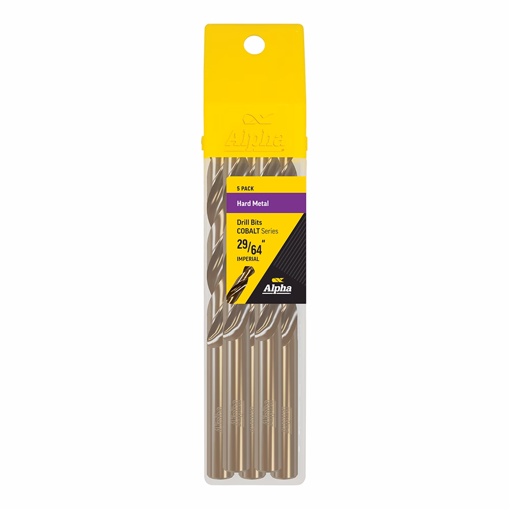 9LI2964COB_2 - Alpha Tools Five-pack Alpha cobalt hard-metal drill bit set, labeled 29/64 inch (imperial).