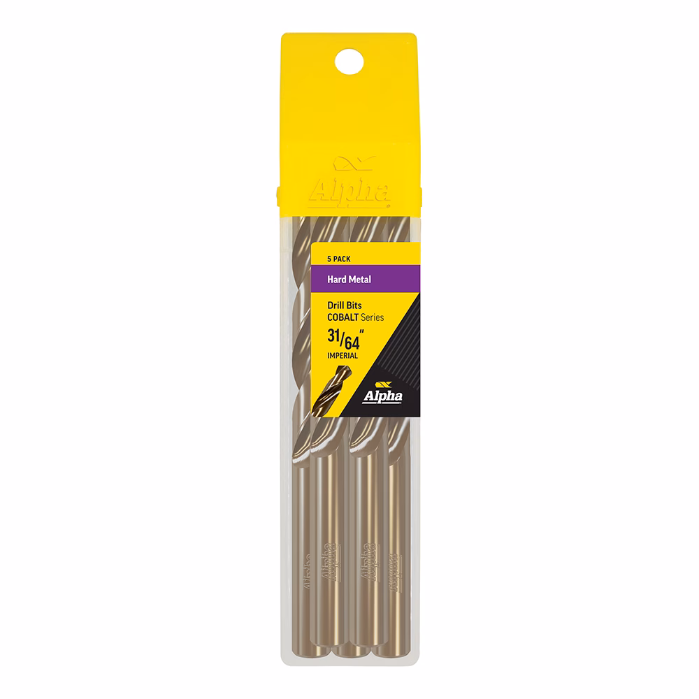 9LI3164COB_2 - Alpha Tools Five-pack cobalt drill bits in a yellow plastic case labeled 31/64" imperial, Alpha brand