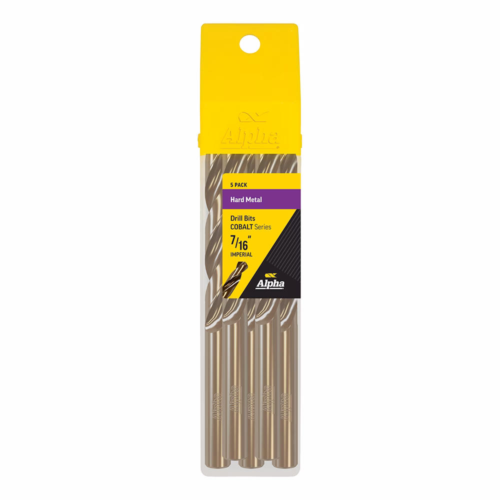 9LI716COB_2 - Alpha Tools Five Alpha cobalt drill bits in yellow packaging, 7/16 inch imperial, for hard metal.