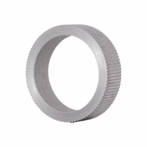 Knurled silver metal ring with an empty inner bore (a ring spacer). It has external knurling for grip and a hollow center.