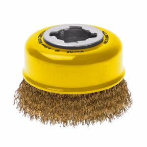 Yellow cup brush with metal mounting hub, brass bristles for grinding and deburring surfaces.