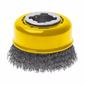 Yellow XLOCK wire cup brush with metal bristles for grinding and cleaning surfaces