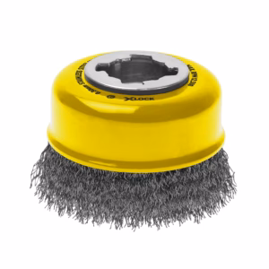 Yellow abrasive cup brush attachment with metal bristle coating for surface finishing and deburring used on grinders/rotary tools.