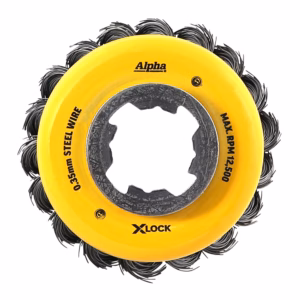 Yellow wire cup brush attachment with black steel bristles around a central hole, for metal finishing on power tools (Alpha, XLOCK).