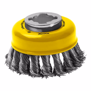 Wire cup brush with twisted steel bristles and a yellow backing plate for grinding and deburring surfaces