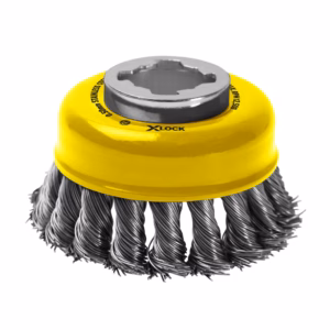 Yellow wire cup brush with twisted steel bristles and metal mounting hub, used for grinding and deburring metal surfaces.
