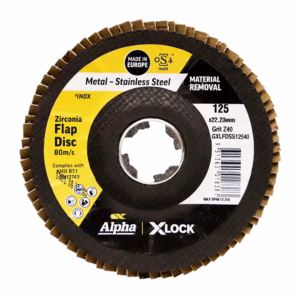 Zirconia flap disc for metal grinding, 125 mm diameter with a central arbor hole, Alpha X-LOCK label visible