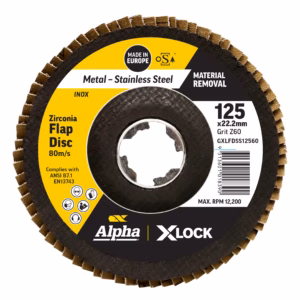 Close-up of a circular flap disc with a bold yellow and black label reading Alpha X-LOCK.
