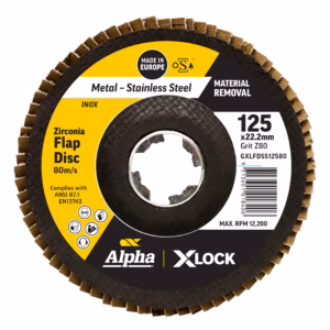 Circular flap disc for metal grinding with a yellow label reading 'Metal – Stainless Steel' and 'Zirconia Flap Disc'