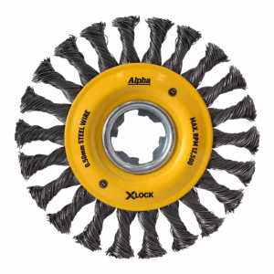 Circular wire wheel brush with yellow hub for grinding or cleaning surfaces, 125mm diameter, used on drills or grinders