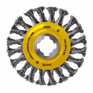 Circular wire brush wheel with twisted metal bristles and a yellow hub labeled Alpha XLOCK, used for surface finishing or deburring.