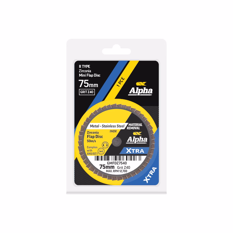 CGMFDZ7540_02-1 - Alpha Tools Packaging for an Alpha Zirconia flap disc, 75mm, XTRA line, shown on a white blister card.