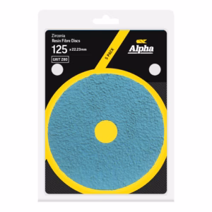 Five-pack Alpha Zirconia resin fibre discs in packaging, blue abrasive with yellow edge and center hole, 125 x 22.23 mm, GRIT Z80 focus logo visible.
