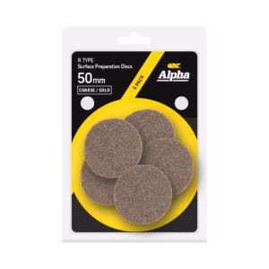 Package of Alpha R Type surface preparation discs, 50 mm, coarse/gold, 5-pack, on a yellow tray in black packaging.