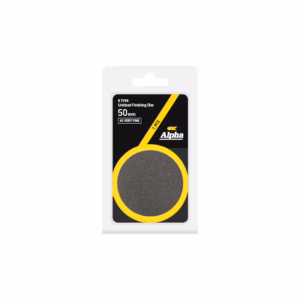 Disc finishing pad in packaging: 50 mm Alpha unuzited finishing disc, yellow ring with black label on white card. (Informative product image)