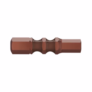 Brown cylindrical connector rod with hexagonal ends and a ribbed, knurled middle section, viewed head-on.