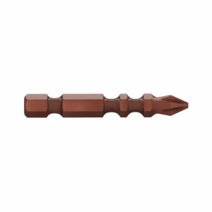 Brown metal screwdriver/ drill bit with a multi-faceted tip and hex shank, used for driving screws or drilling.