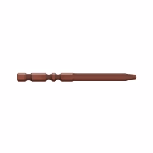 Long brown screwdriver bit lying horizontally, showing multiple hex-shaped sections along the shaft.