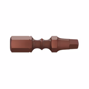 Brown metal double-ended hex bit adapter with a knurled midsection used to drive hex bits on both ends.