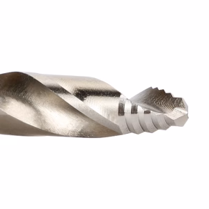 Close-up of a silver twist drill bit with helical flutes against a white background, showing cutting edges and tip detail.
