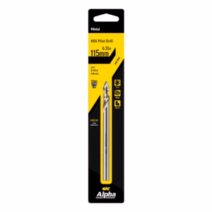 HSS pilot drill in yellow–black Alpha packaging, 115 mm; suitable for metal (steel), wood, and plastic