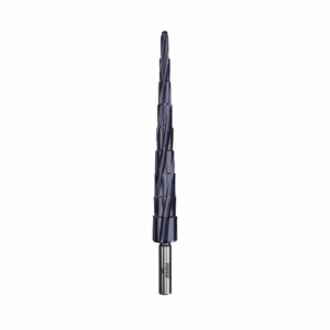 Long blue twist drill bit with multiple stepped cutting sections and a silver shank at the bottom