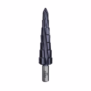 Blue stepped drill bit with multiple cutting diameters and a silver shank, for metal drilling (Amana brand).