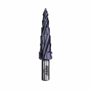 Purple-coated twist drill bit with a silver shank used for metal drilling