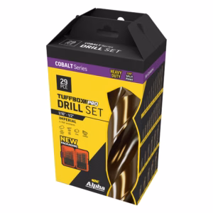 Isometric view of Cobalt Series drill set box with yellow front, purple band, showing 29-piece capacity and Alpha logo.
