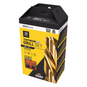 Product packaging for Alpha Gold Series drill set, 29-piece with yellow and black design and drill bits image on front