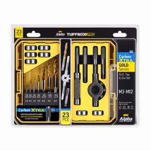 23-piece Alpha Tuff-Box Pro drill and die set in a yellow plastic case on a black packaging card, front view