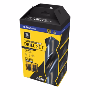 Perspective view of a black and yellow Alpha Black Series 25-piece drill set box with front label and tools visible on the lower portion.